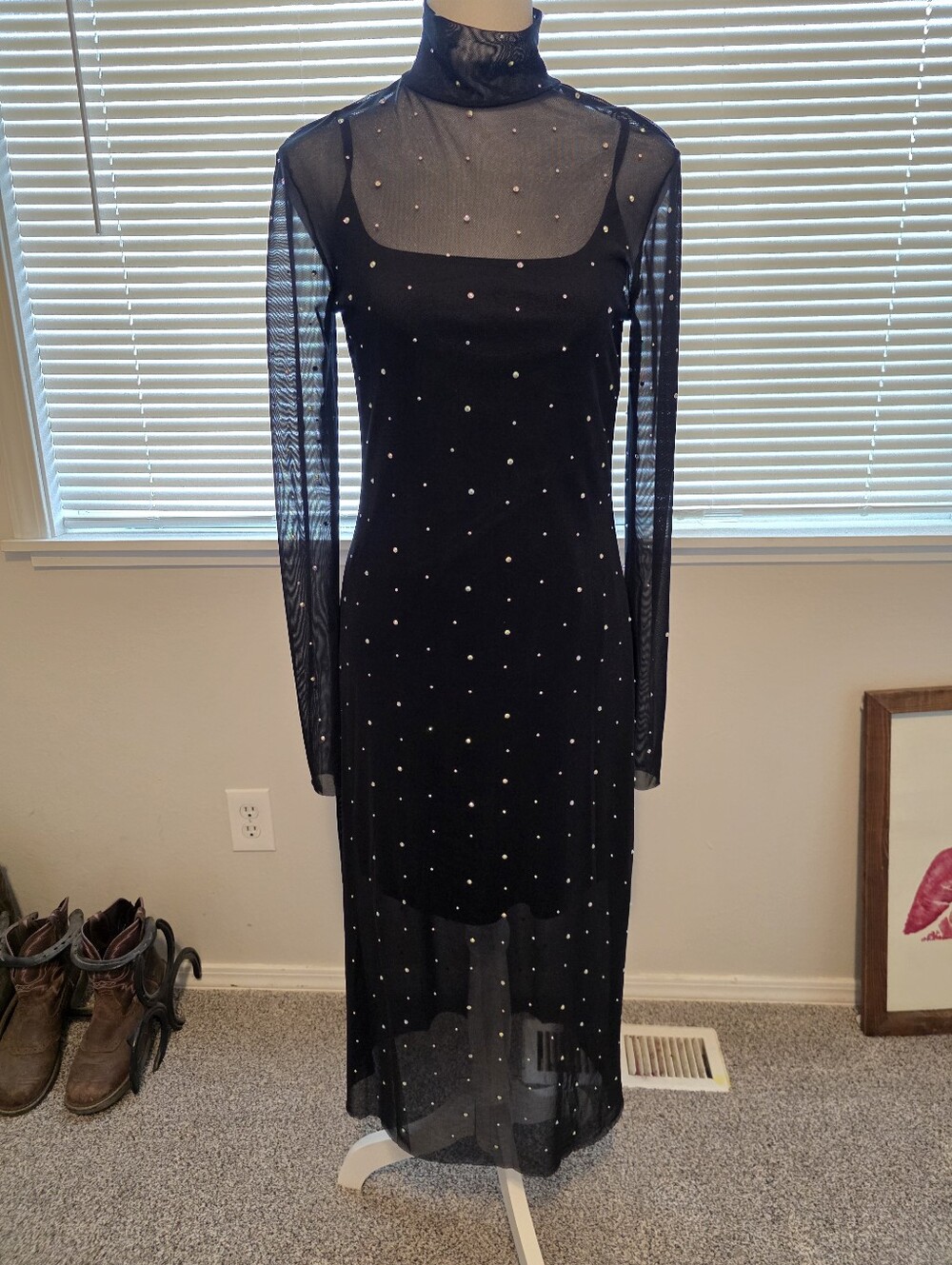 Black Sheer Long-Sleeve Rhinestone Embellished Evening Dress